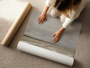 Whispers of Light rolled canvas print being unrolled – limited edition coastal wall art Australia