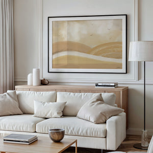 Over The Hills limited edition landscape paper print in black frame above timber console in elegant cream living room – abstract landscape wall art DT Art Studio.
