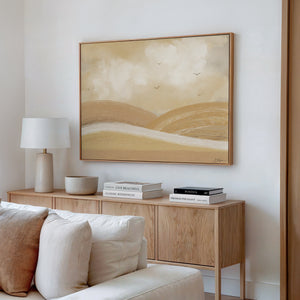 Over The Hills abstract landscape canvas print in oak floating frame above timber sideboard – limited edition wall art DT Art Studio.