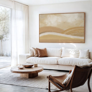 Over The Hills abstract landscape canvas print in oak floating frame styled in bright minimalist living room – DT Art Studio.