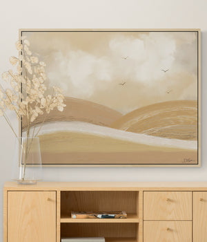 Over The Hills abstract landscape canvas print in black floating frame above timber sideboard with dried flowers – DT Art Studio.