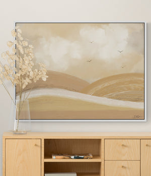 Over The Hills abstract landscape canvas print in white floating frame above timber sideboard – limited edition landscape wall art Australia
