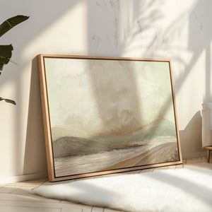 Harmony's Promise abstract landscape canvas print in oak floating frame leaning against white wall – DT Art Studio.