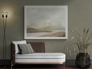 Harmony's Promise limited edition landscape paper print in white frame on sage green wall above rattan daybed – abstract landscape wall art DT Art Studio.