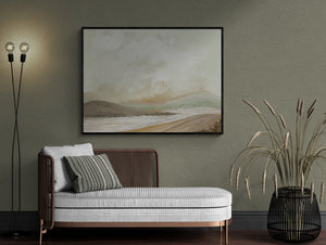 Harmony's Promise abstract landscape canvas print in black floating frame styled in moody olive living room
