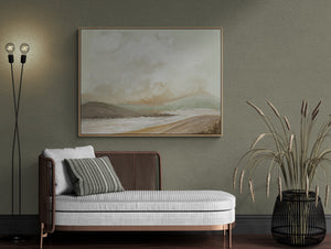 Harmony's Promise abstract landscape canvas print in oak floating frame styled in earthy olive living room – DT Art Studio.