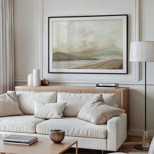 Harmony's Promise limited edition landscape paper print in black frame above timber console in elegant cream living room – abstract wall art DT Art Studio.