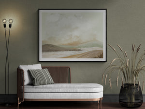 Harmony's Promise limited edition landscape paper print in black frame on sage green wall above rattan daybed – abstract landscape wall art DT Art Studio.