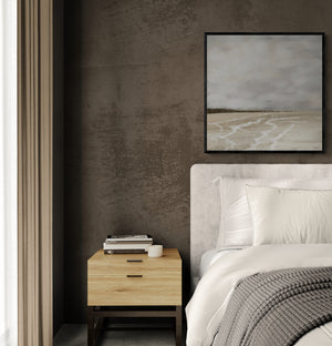 Whispers of Light abstract seascape canvas print in black floating frame styled in modern bedroom