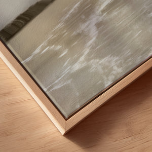 Close-up of Whispers of Light canvas print in oak floating frame – soft sandy coastal tones, DT Art Studio.