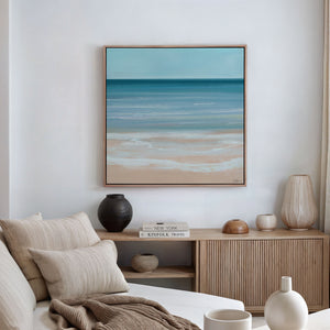 Coastal Azure canvas print in floating frame – abstract crystal blue seascape wall art Australia
