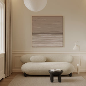 Dusk abstract seascape canvas print in oak floating frame styled in elegant cream living room – DT Art Studio.