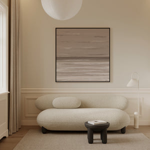 Dusk abstract seascape canvas print in black floating frame styled in minimalist cream living room – DT Art Studio.