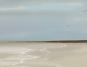 Detail of After the Rain print – abstract seascape with birds, sandy shore and soft sky tones