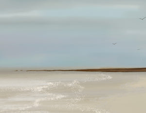 Detail of After the Rain print – abstract seascape with birds, sandy shore and soft sky tones