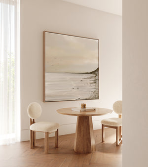 Unbound limited edition coastal canvas print in oak frame styled in bright dining room – Australian wall art
