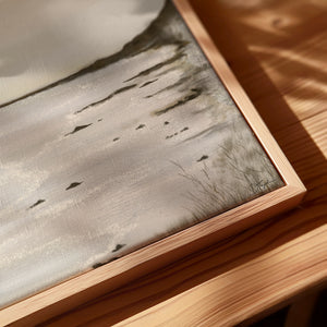 Close-up of Unbound canvas print in oak floating frame – soft misty seascape detail, DT Art Studio.