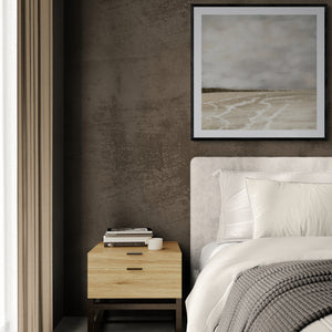 Whispers of Light limited edition paper print in black frame above bedside table in moody bedroom – abstract coastal wall art DT Art Studio.