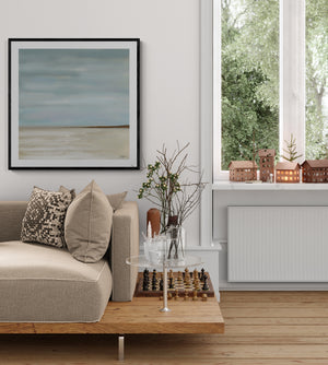 After The Rain abstract coastal paper print in black frame styled in Scandinavian living room – limited edition wall art DT Art Studio.
