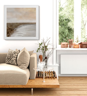 Coastal Serenity limited edition paper print in white frame styled in bright Scandinavian living room – Australian coastal wall art DT Art Studio.