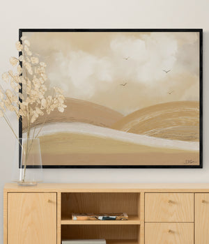 Over The Hills abstract landscape canvas print in black floating frame above timber sideboard – limited edition landscape wall art Australia