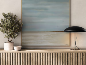 After the Rain limited edition canvas print in oak frame styled in modern living room – Australian abstract wall art