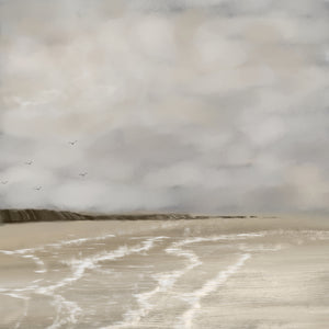 Whispers of Light abstract seascape print – soft sandy beach, grey cloudy sky and birds in flight, DT Art Studio.
