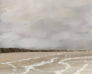 Whispers of Light abstract seascape print – soft sandy beach, grey cloudy sky and birds in flight, DT Art Studio.