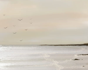 Unbound abstract seascape print  – birds in flight over calm coastal waters, limited edition canvas print DT Art Studio.