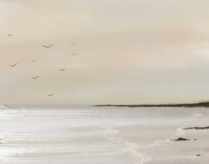 Unbound abstract seascape print  – birds in flight over calm coastal waters, limited edition canvas print DT Art Studio.
